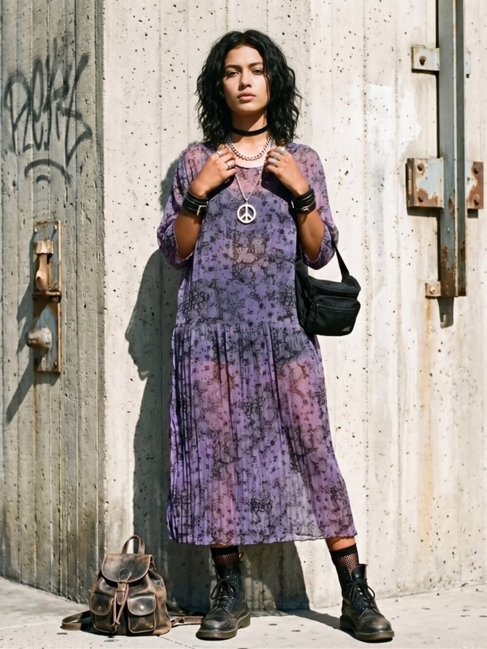 Vintage 1990s BoHo sheer, chiffon Elegant Purple Patterned long babydoll Dress M